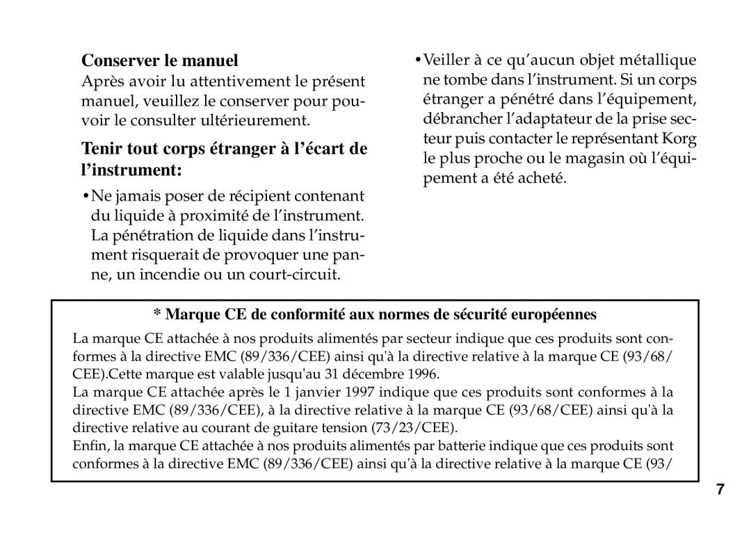 Korg PX3B manual Conserver le manuel, Marque CE de conformité aux normes de sécurité européennes 