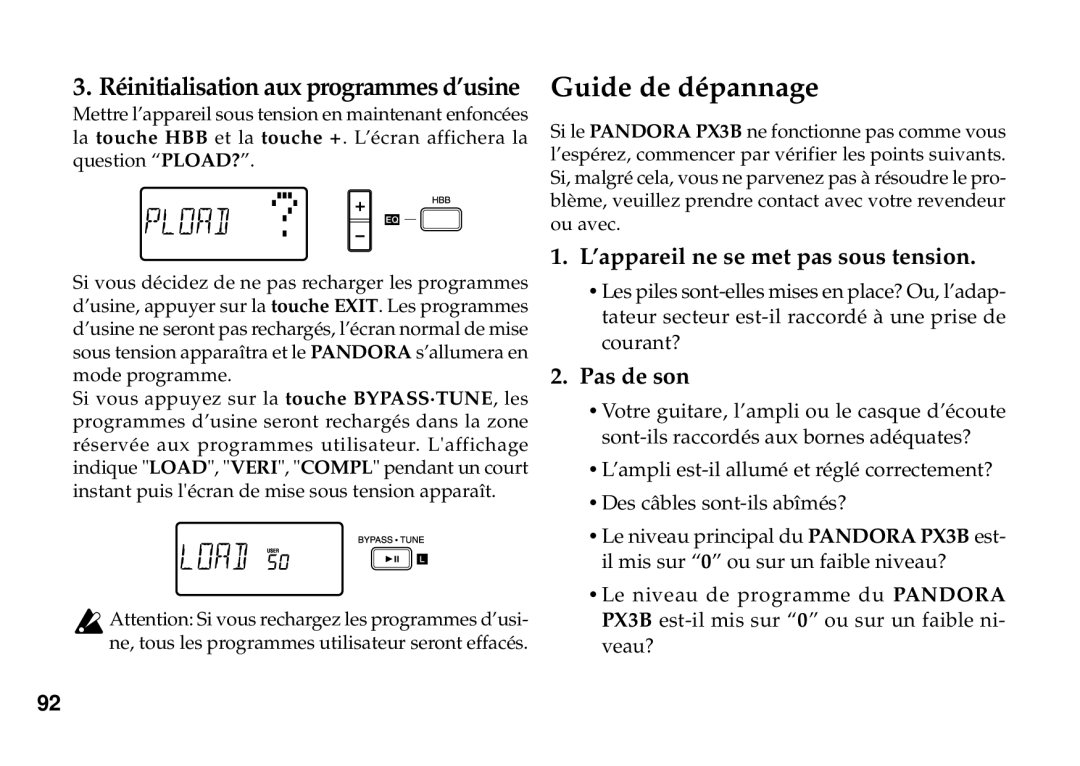 Korg PX3B manual Guide de dépannage, ’appareil ne se met pas sous tension, Pas de son 