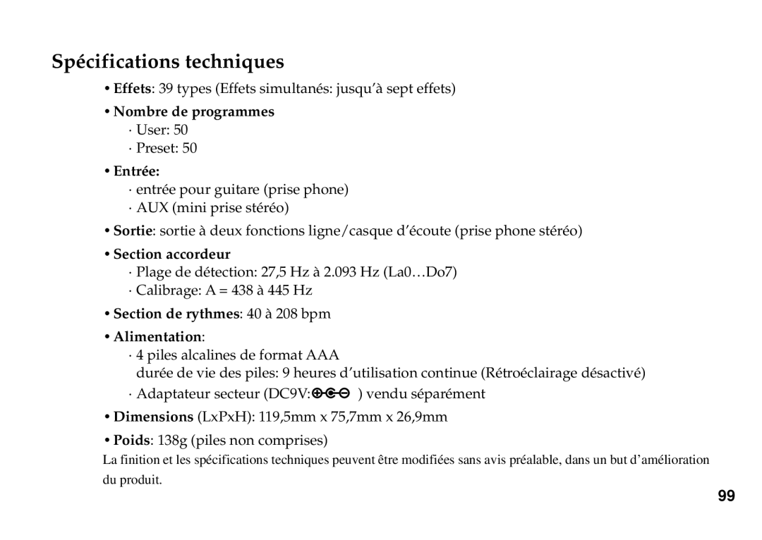 Korg PX3B manual Nombre de programmes, Entrée, Section accordeur, Section de rythmes 40 à 208 bpm Alimentation 