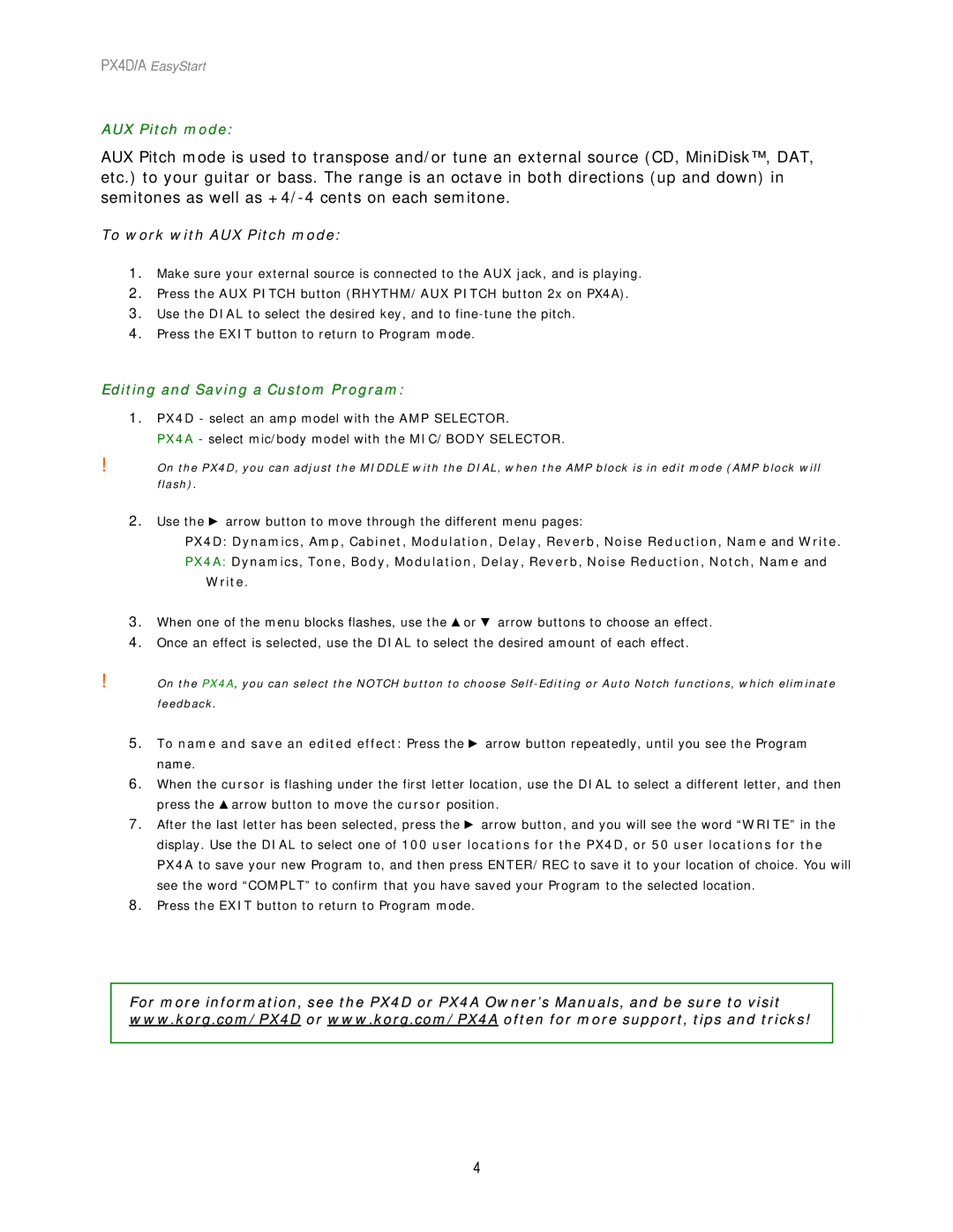 Korg PX4A, PX4D manual To work with AUX Pitch mode, Editing and Saving a Custom Program 