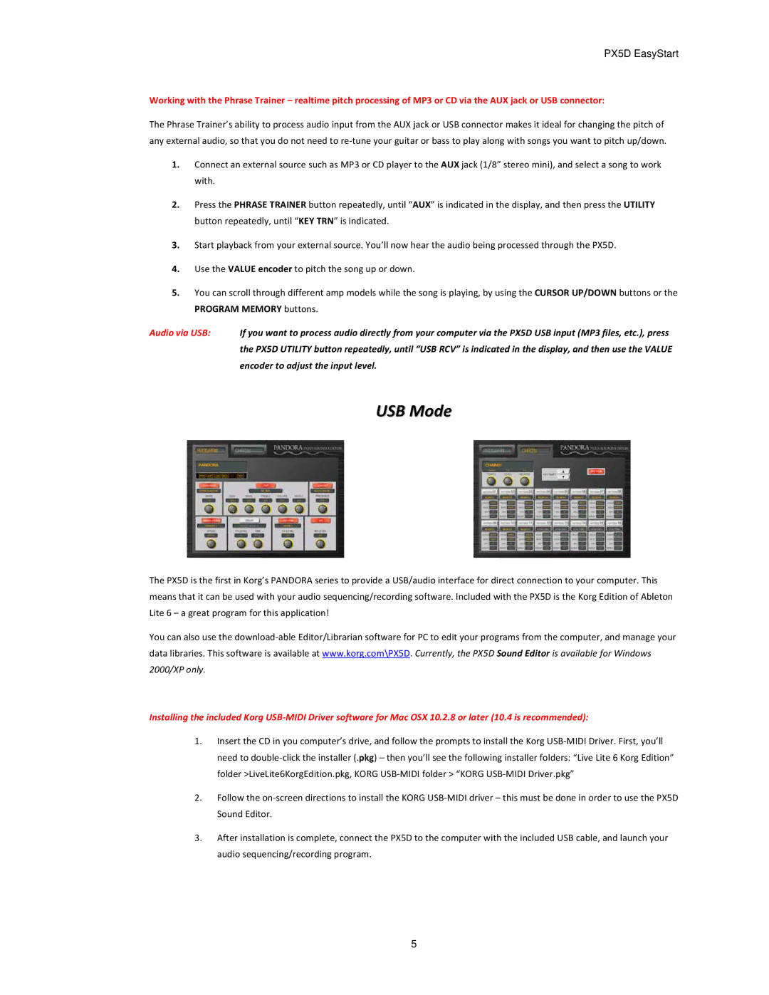 Korg PX5D manual USB Mode, Audio via USB 