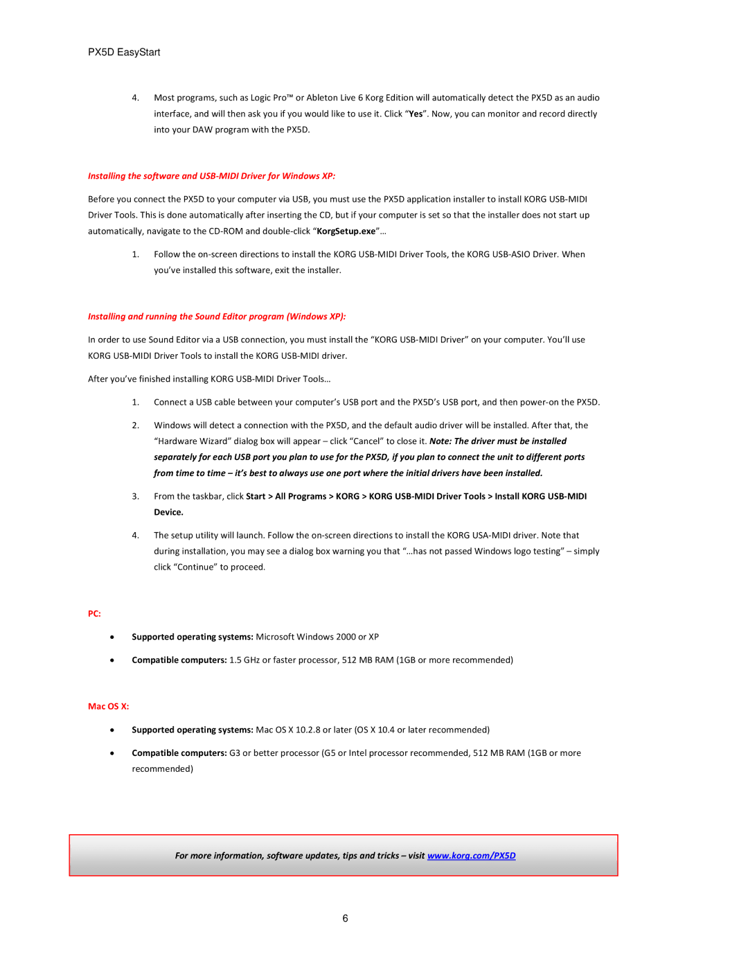 Korg PX5D manual Installing the software and USB‐MIDI Driver for Windows XP, Mac OS 