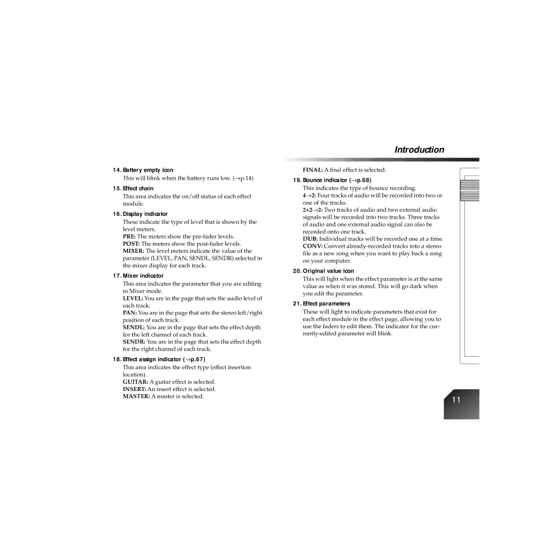 Korg PXR4 owner manual Battery empty icon, Effect chain, Display indicator, Mixer indicator, Effect assign indicator → p.67 