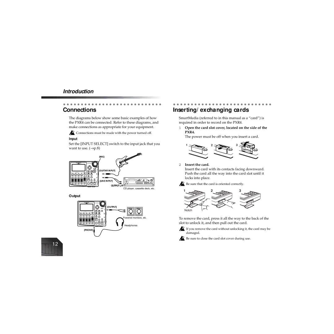 Korg PXR4 owner manual Connections, Inserting/exchanging cards, Input, Output 