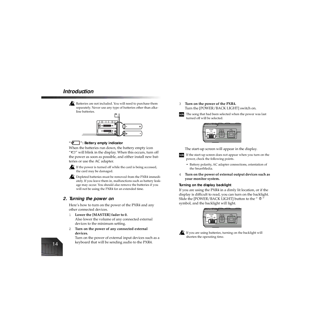 Korg PXR4 owner manual Turning the power on, Battery empty indicator, Turning on the display backlight 