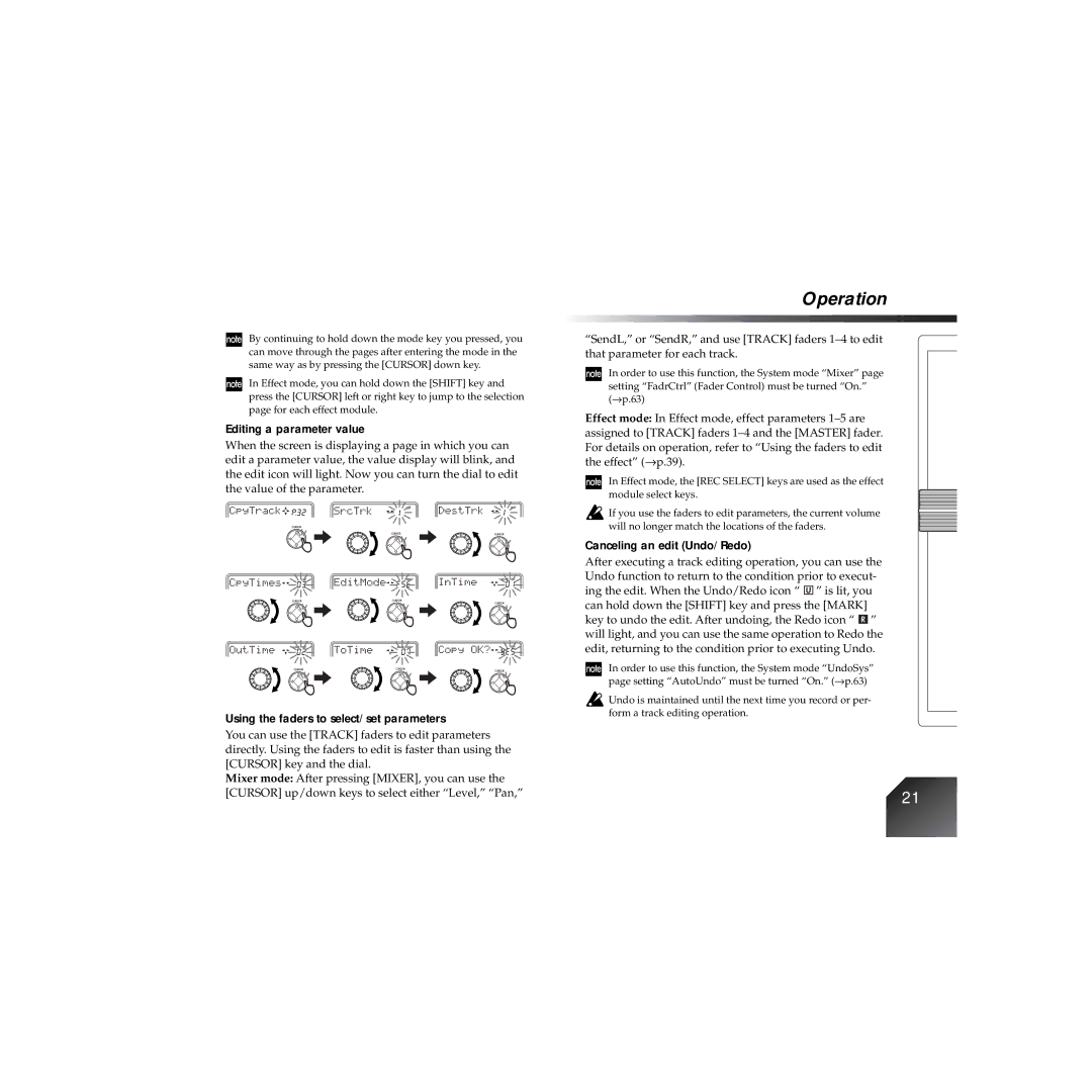 Korg PXR4 owner manual Editing a parameter value, Using the faders to select/set parameters, Canceling an edit Undo/Redo 