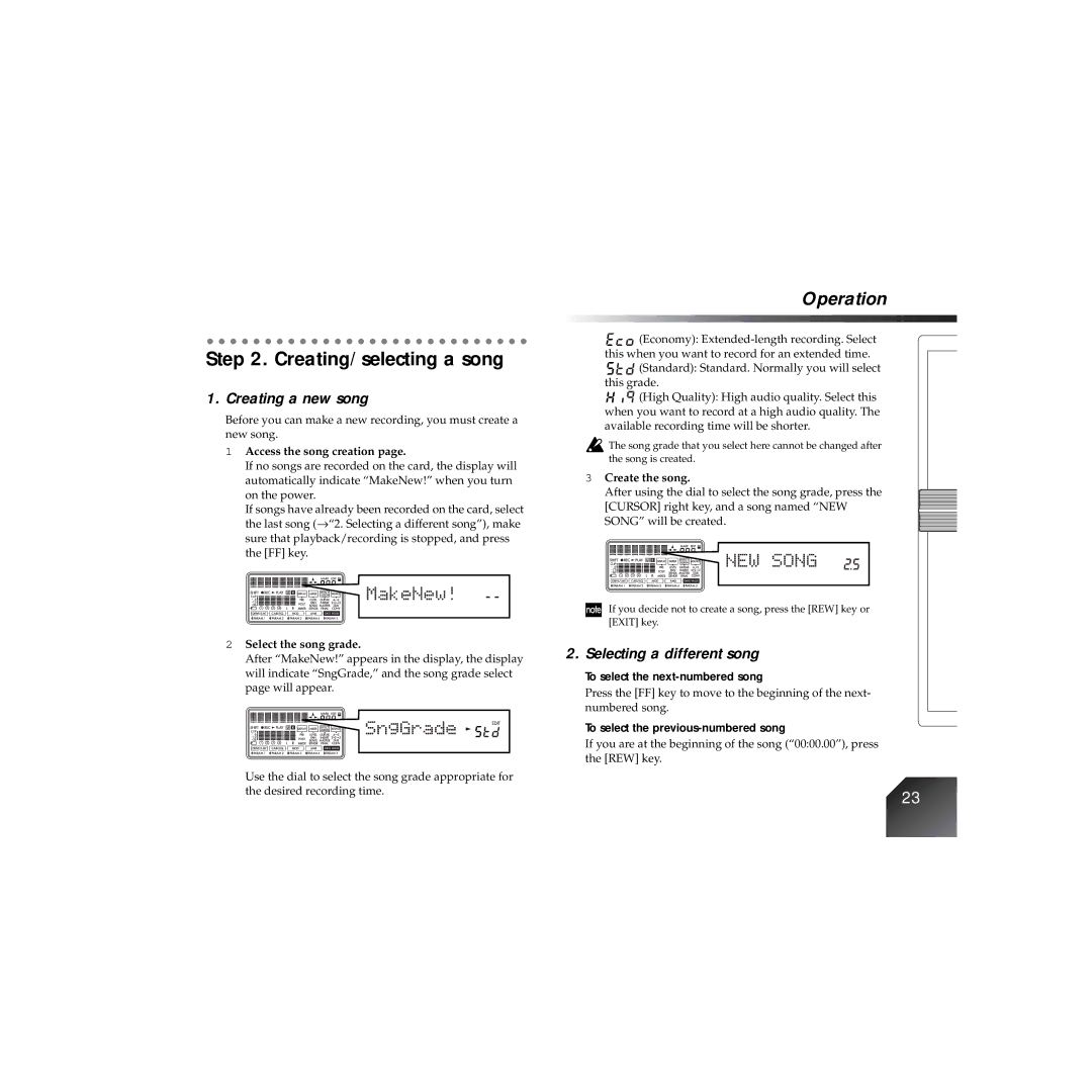 Korg PXR4 Creating/selecting a song, Creating a new song, Selecting a different song, To select the next-numbered song 