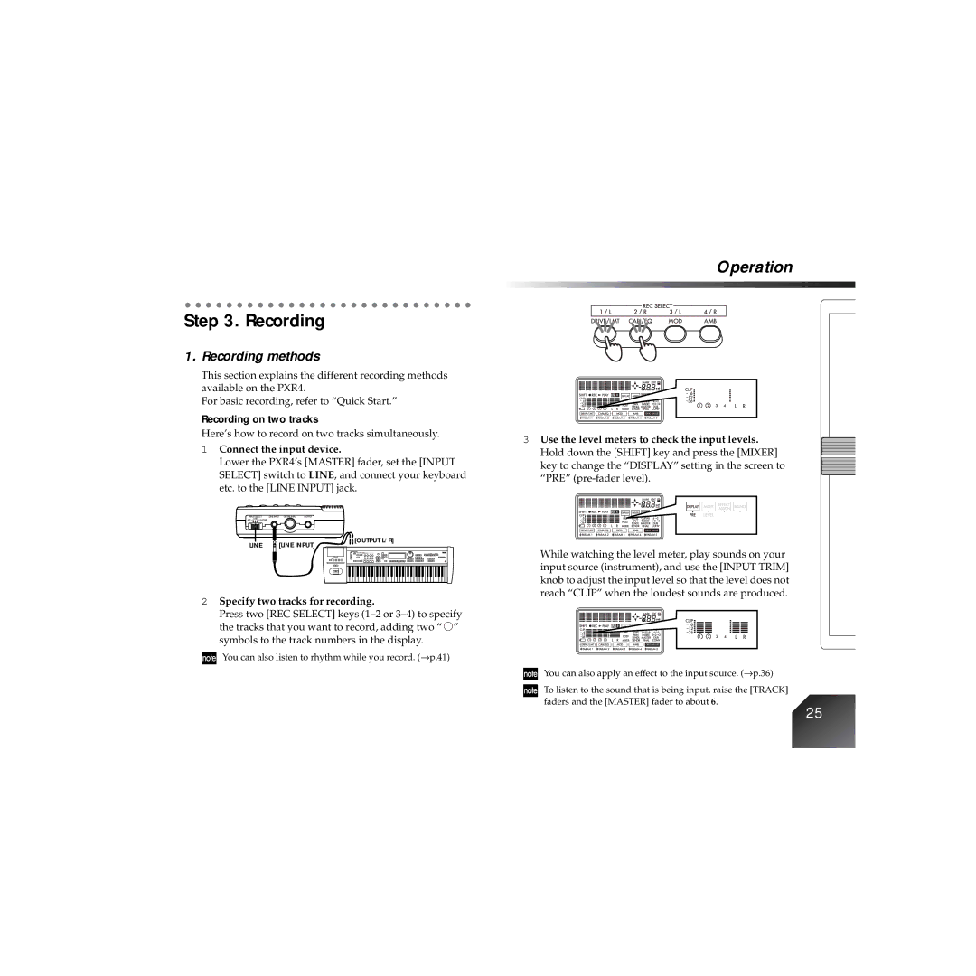 Korg PXR4 Recording methods, Recording on two tracks, Connect the input device, Specify two tracks for recording 