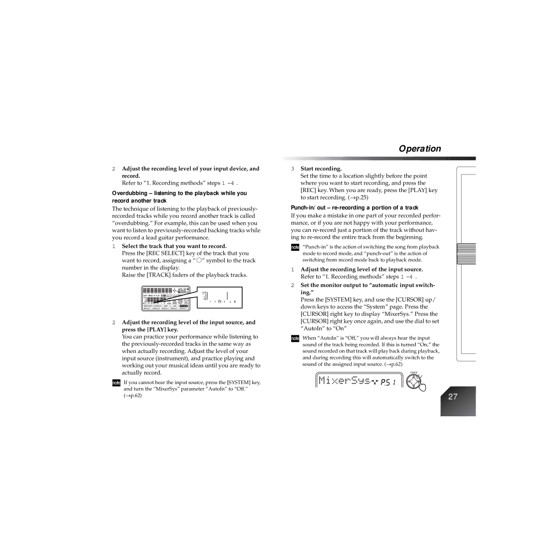 Korg PXR4 Punch-in/out re-recording a portion of a track, Adjust the recording level of your input device, and record 