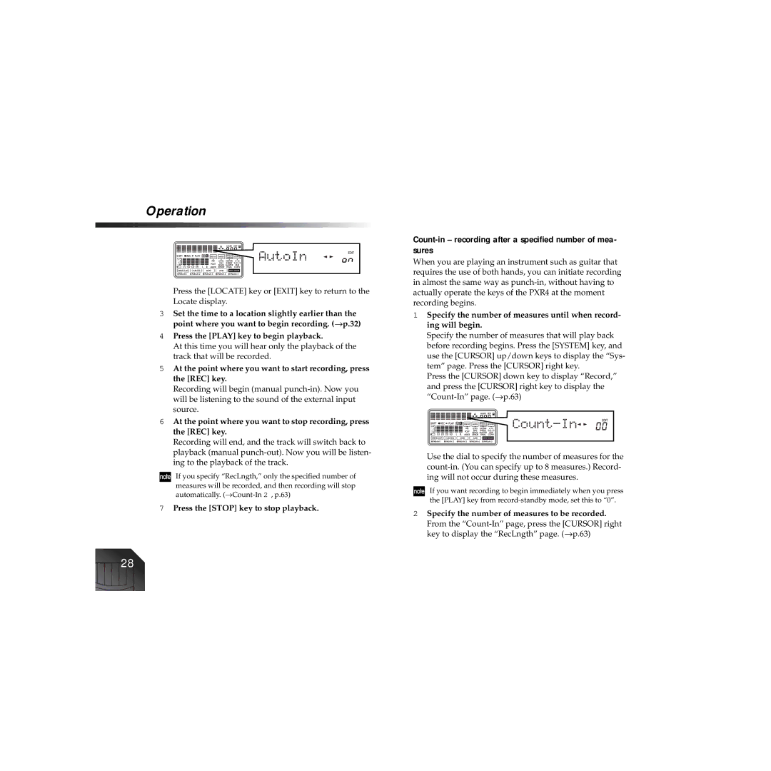 Korg PXR4 owner manual Count-in recording after a speciﬁed number of mea- sures, Press the Stop key to stop playback 