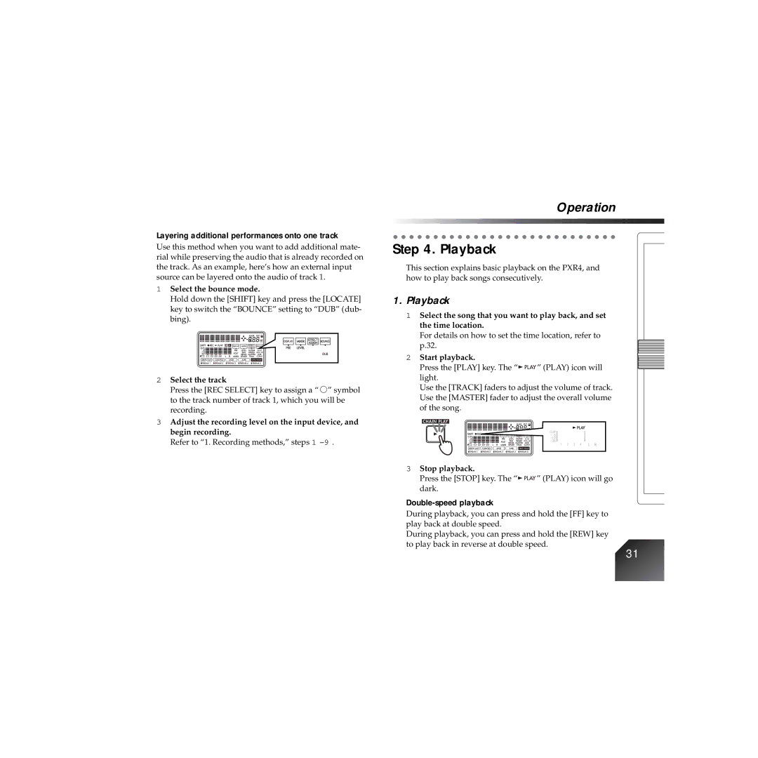 Korg PXR4 owner manual Playback, Layering additional performances onto one track, Double-speed playback 