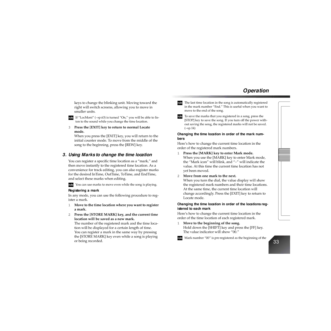 Korg PXR4 owner manual Using Marks to change the time location, Registering a mark 