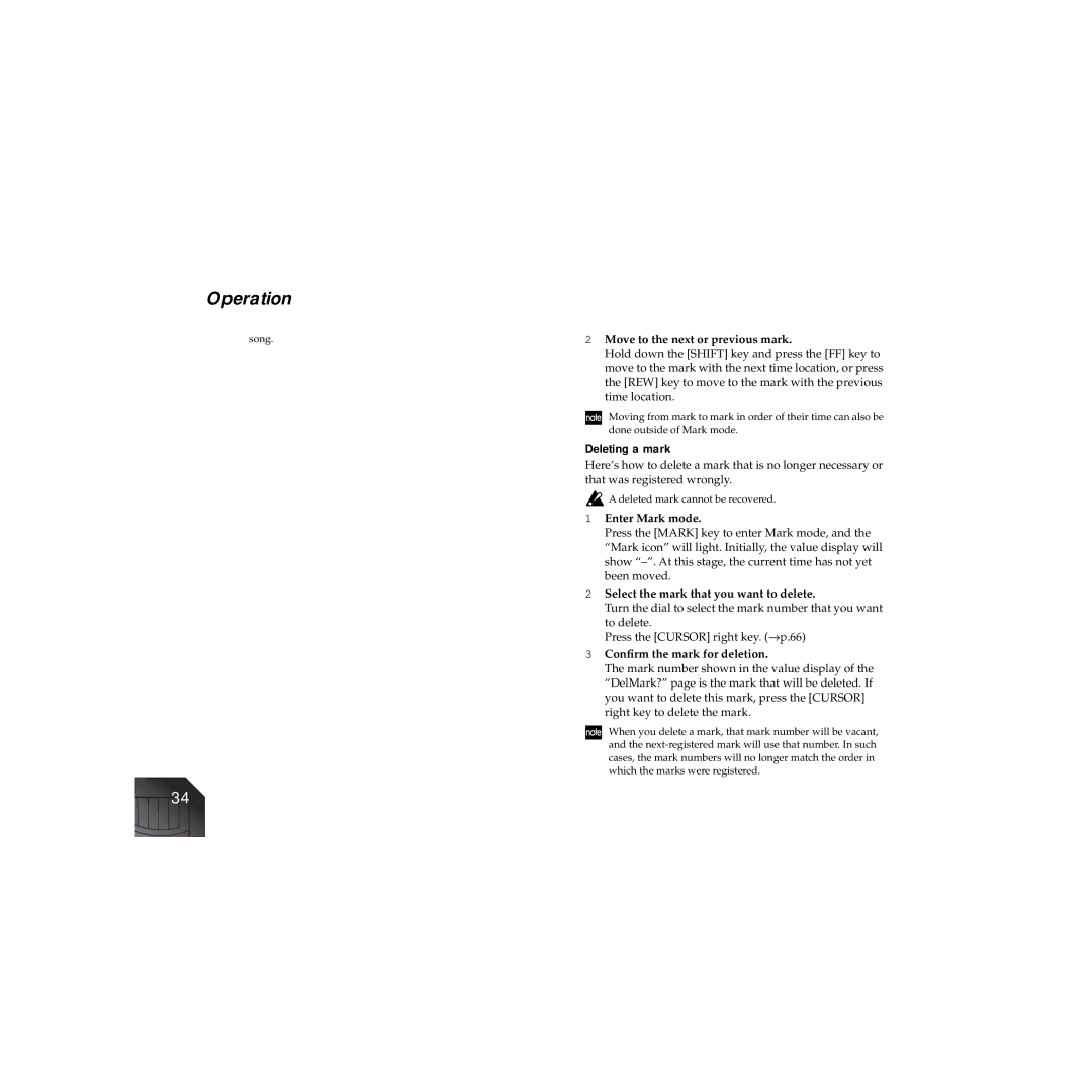 Korg PXR4 Deleting a mark, Move to the next or previous mark, Enter Mark mode, Select the mark that you want to delete 