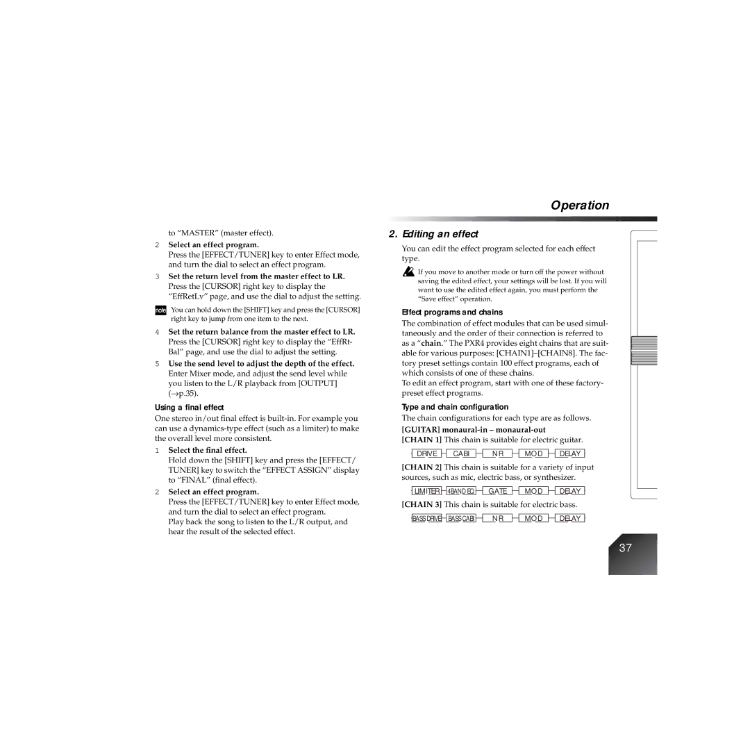 Korg PXR4 owner manual Editing an effect, Using a ﬁnal effect, Effect programs and chains, Type and chain conﬁguration 