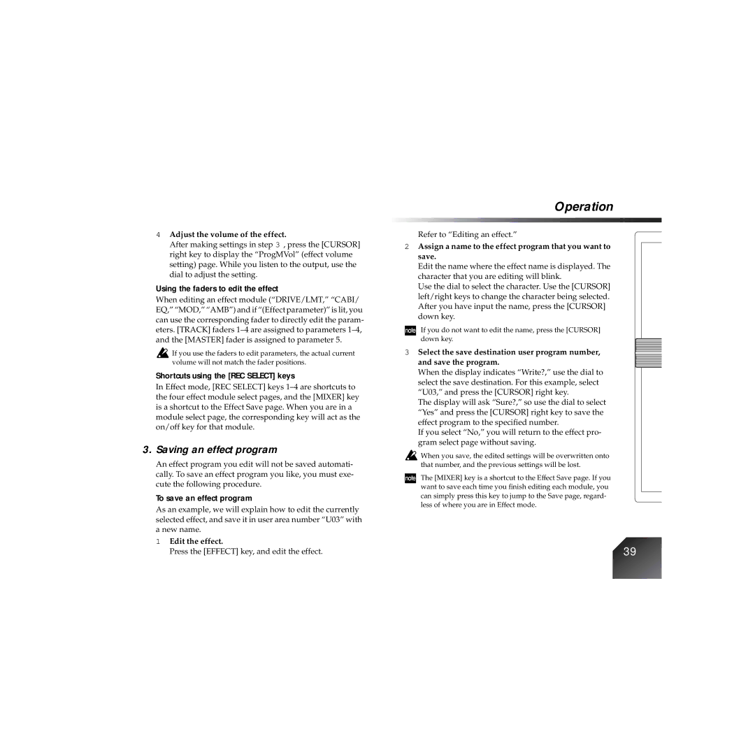 Korg PXR4 owner manual Saving an effect program, Using the faders to edit the effect, Shortcuts using the REC Select keys 