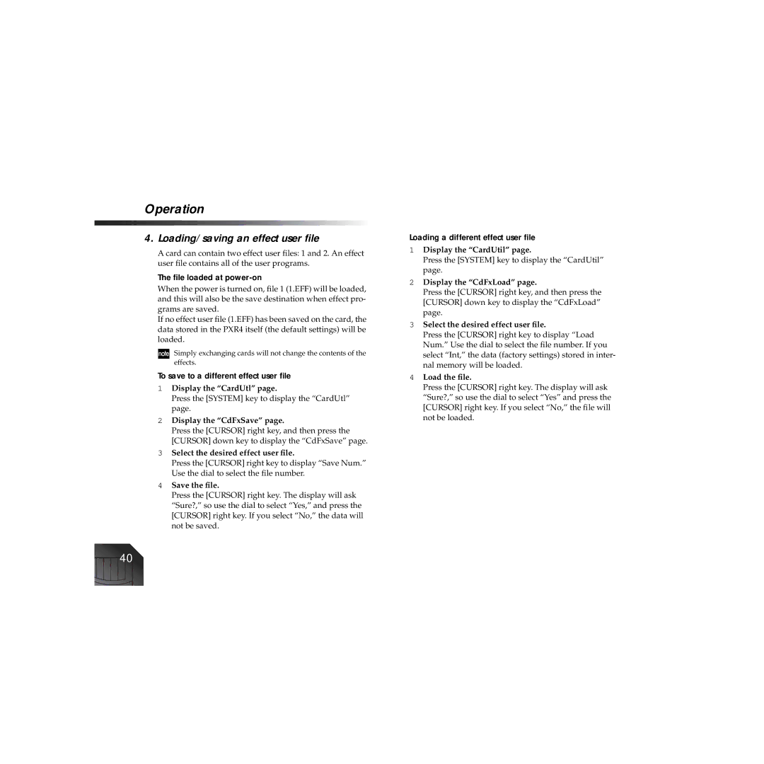 Korg PXR4 owner manual Loading/saving an effect user ﬁle, ﬁle loaded at power-on, To save to a different effect user ﬁle 