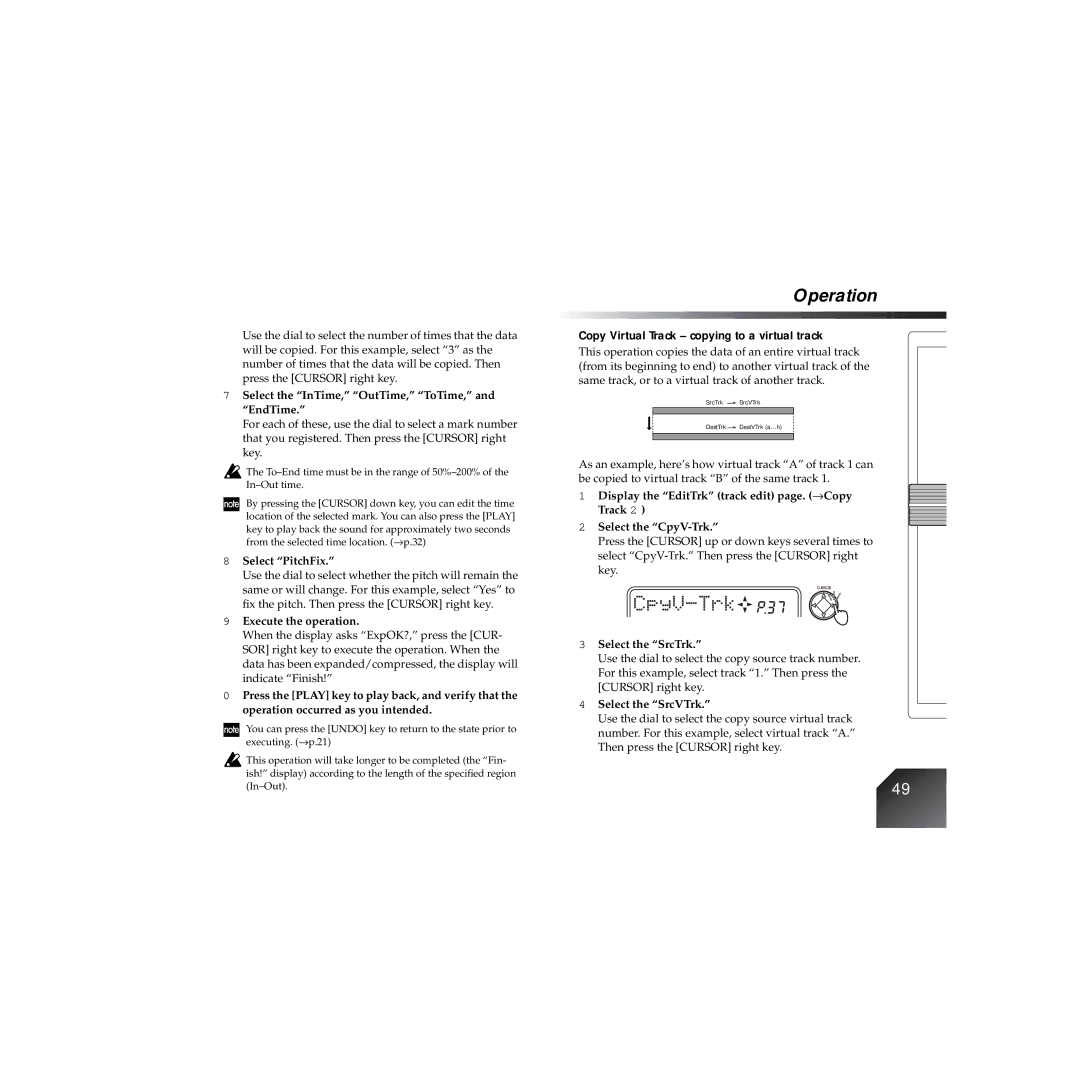 Korg PXR4 Copy Virtual Track copying to a virtual track, Select the InTime, OutTime, ToTime, and EndTime, Select PitchFix 