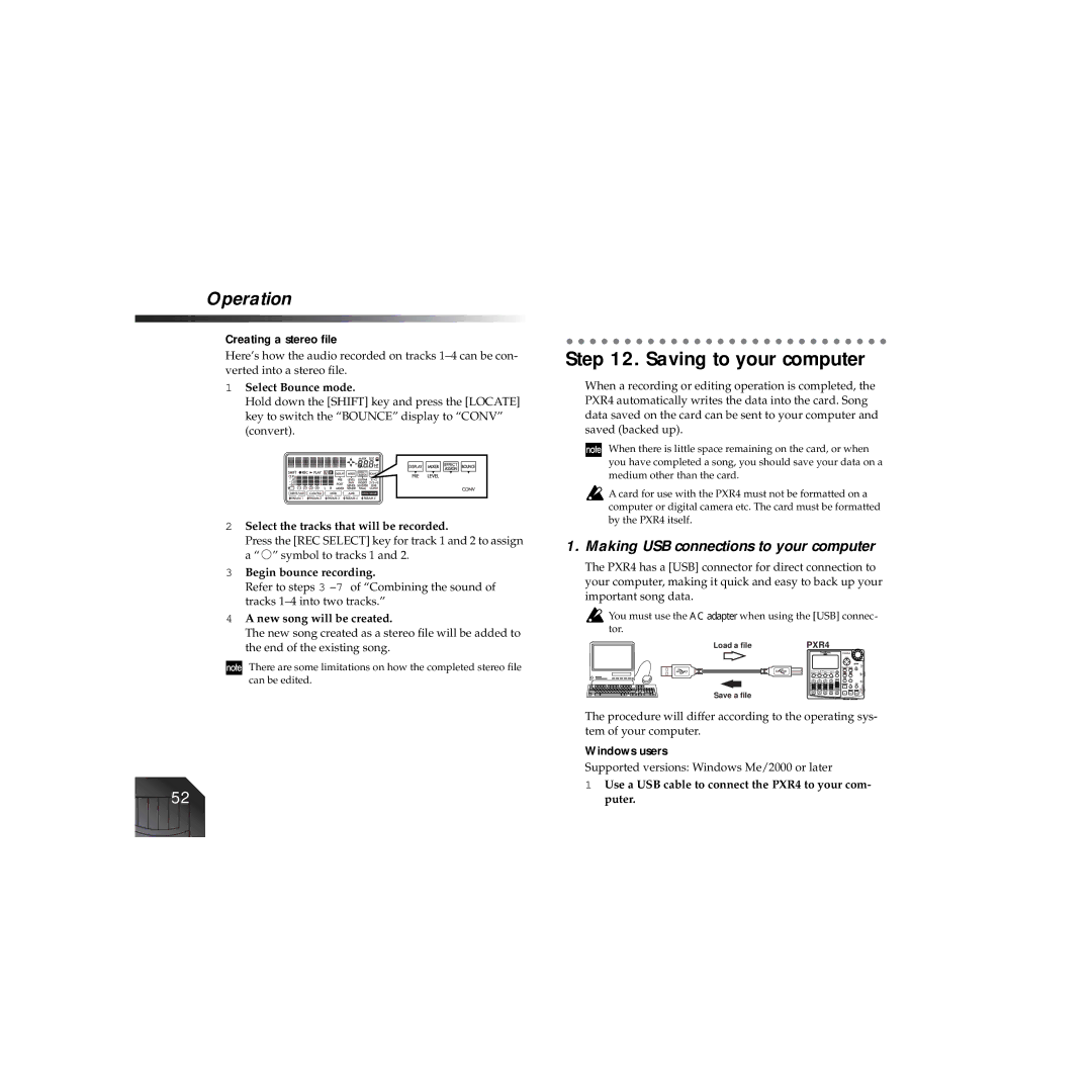 Korg PXR4 Saving to your computer, Making USB connections to your computer, Creating a stereo ﬁle, Windows users 