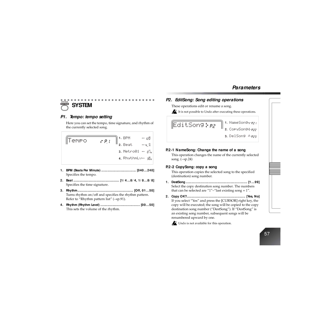 Korg PXR4 System, P1. Tempo tempo setting, P2. EditSong Song editing operations, NameSong Change the name of a song 