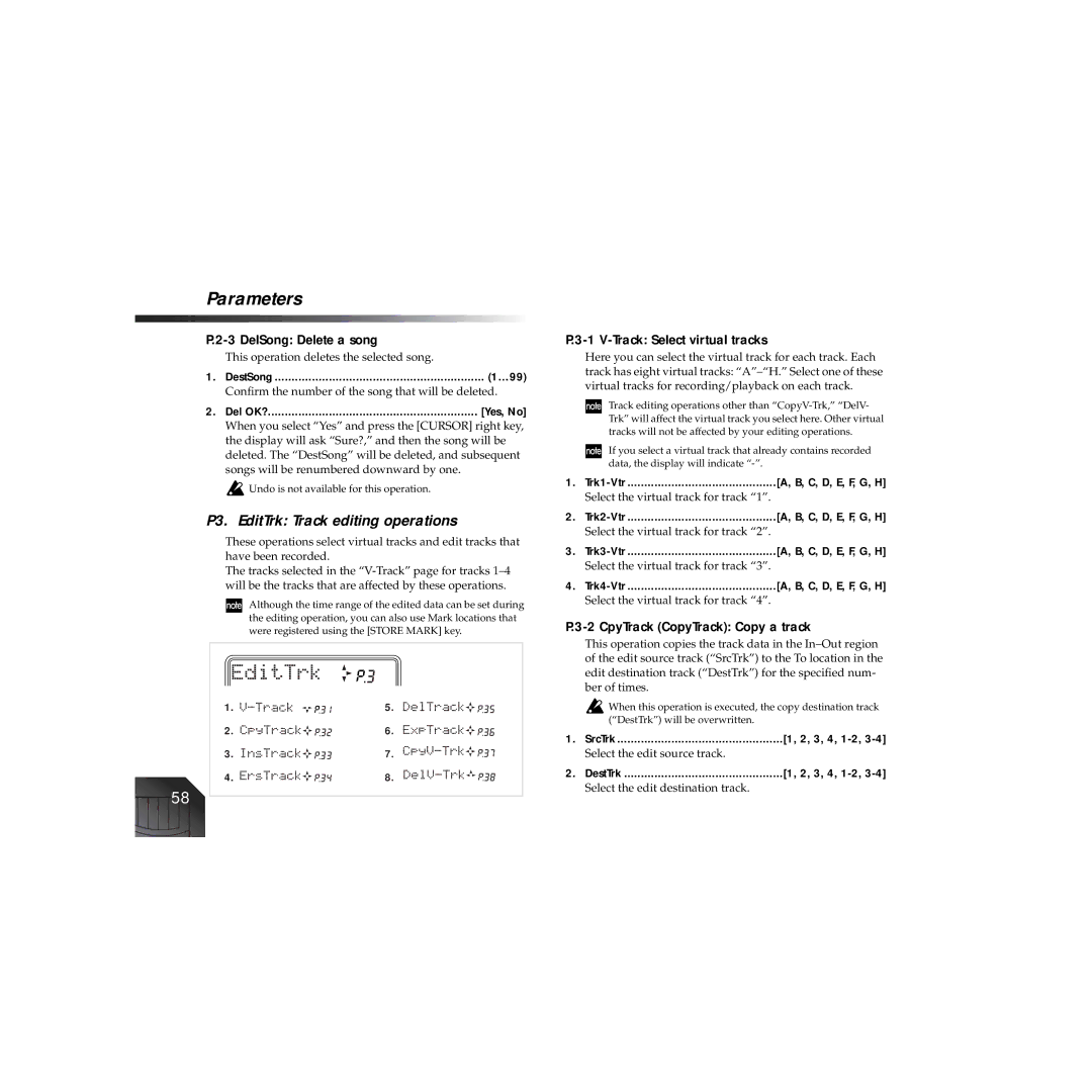 Korg PXR4 owner manual P3. EditTrk Track editing operations, DelSong Delete a song, Track Select virtual tracks 