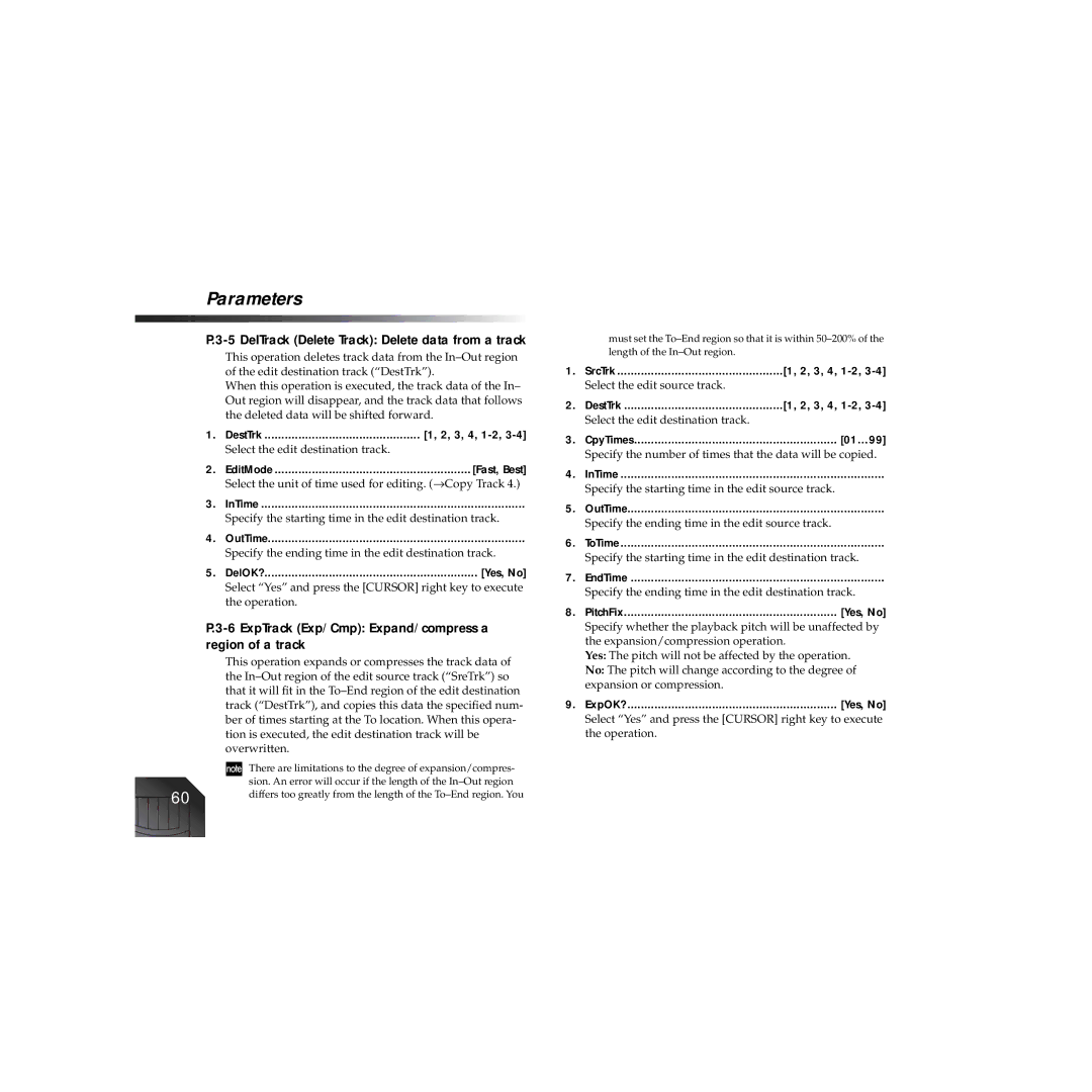 Korg PXR4 owner manual DelTrack Delete Track Delete data from a track, ExpTrack Exp/Cmp Expand/compress a region of a track 