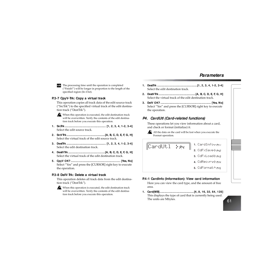 Korg PXR4 owner manual P4. CardUtl Card-related functions, CpyV-Trk Copy a virtual track, DelV-Trk Delete a virtual track 