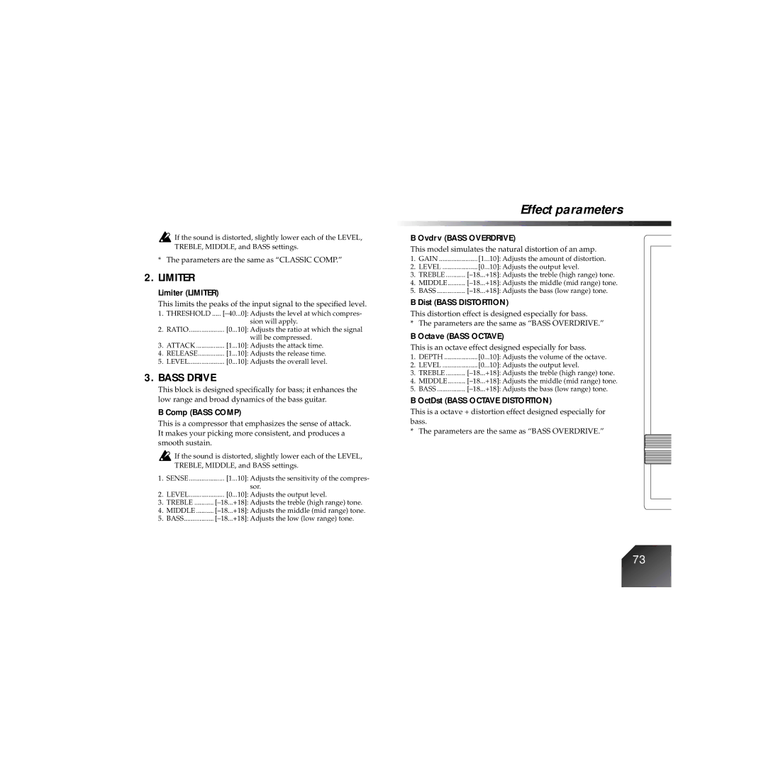 Korg PXR4 owner manual Limiter Limiter, Comp Bass Comp, Ovdrv Bass Overdrive, Dist Bass Distortion, Octave Bass Octave 