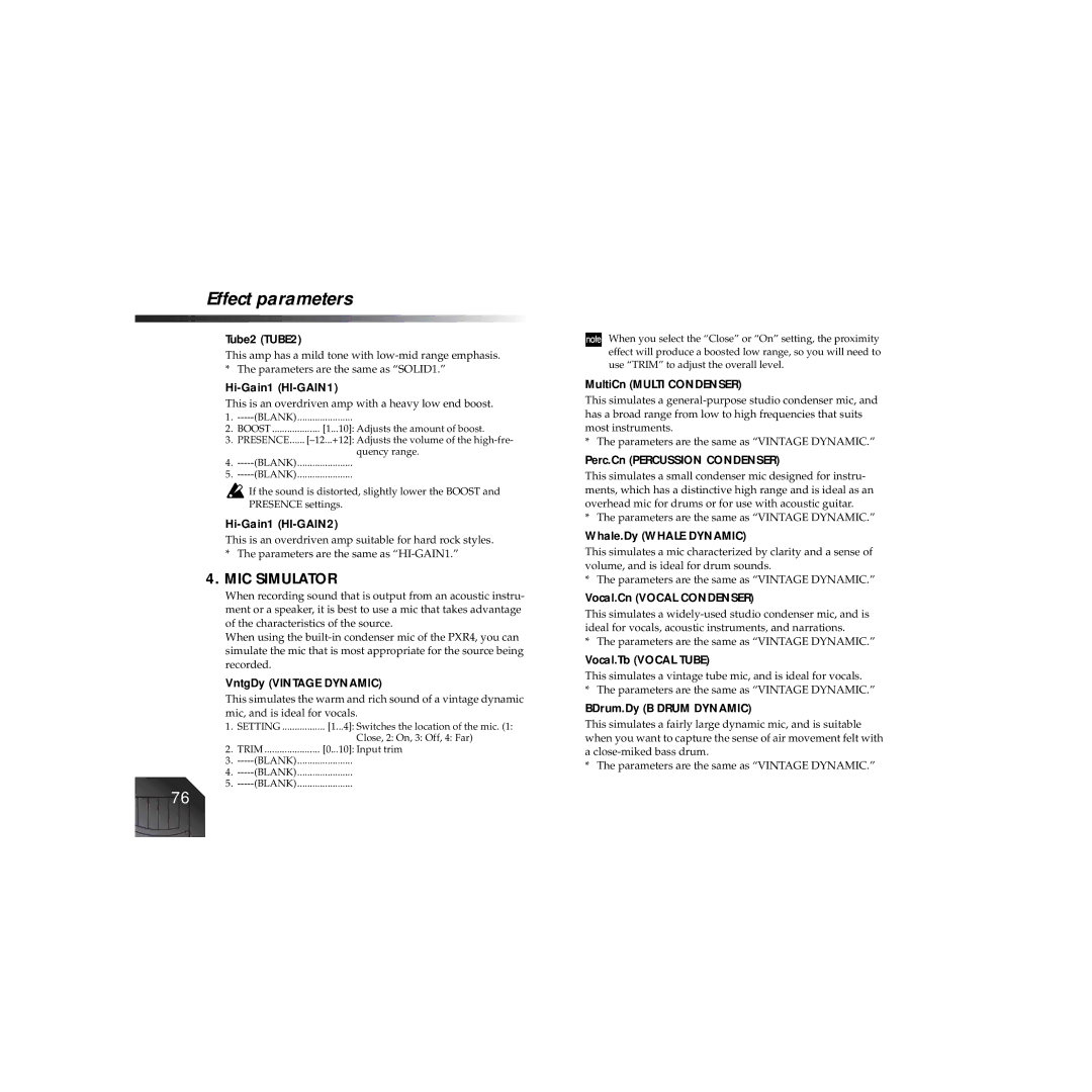Korg PXR4 owner manual Tube2 TUBE2, Hi-Gain1 HI-GAIN1, Hi-Gain1 HI-GAIN2, VntgDy Vintage Dynamic, MultiCn Multi Condenser 