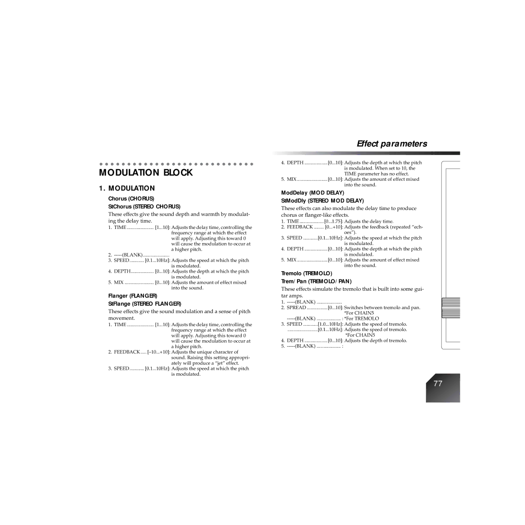 Korg PXR4 owner manual Modulation Block, Chorus Chorus StChorus Stereo Chorus, Flanger Flanger StFlange Stereo Flanger 