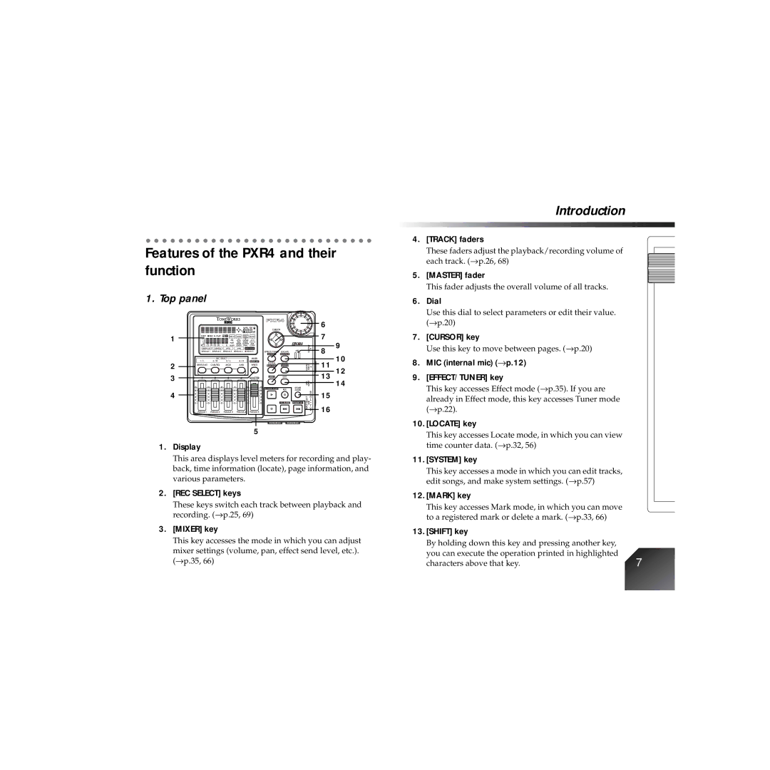 Korg owner manual Features of the PXR4 and their function, Top panel 