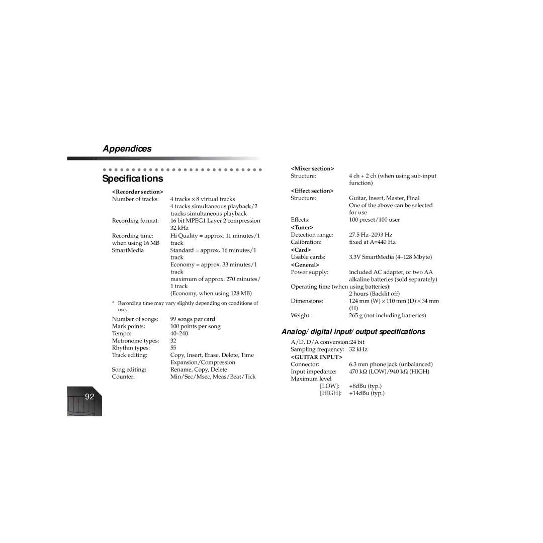 Korg PXR4 owner manual Speciﬁcations, Analog/digital input/output speciﬁcations 