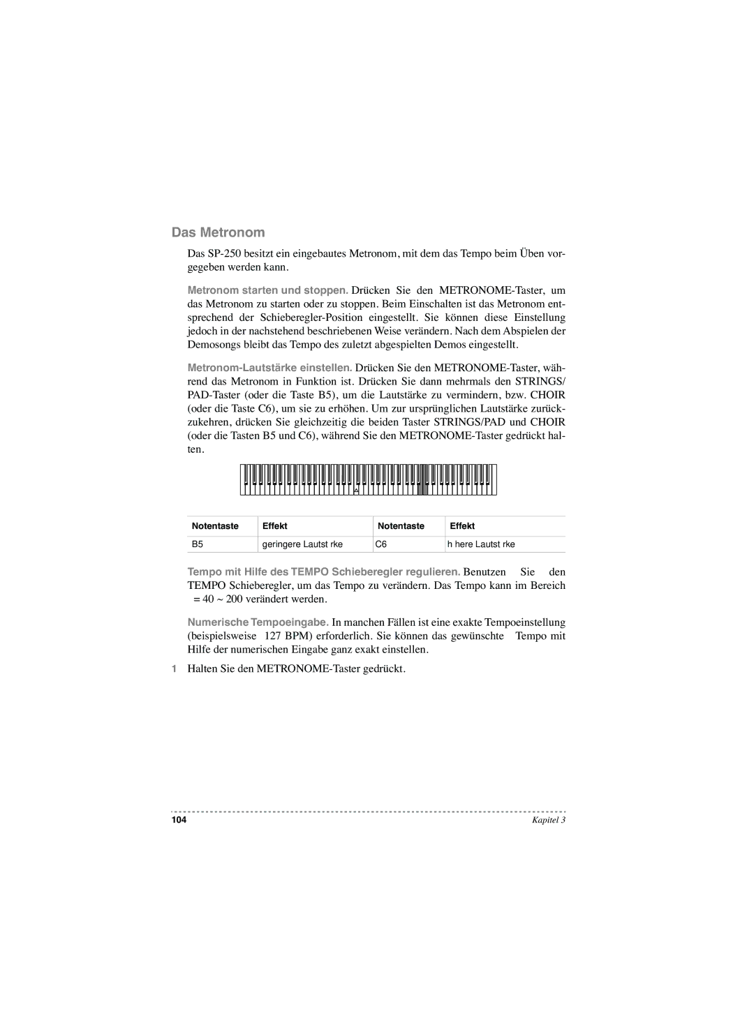 Korg SP-250 manual Das Metronom, Effekt Geringere Lautstärke Höhere Lautstärke 