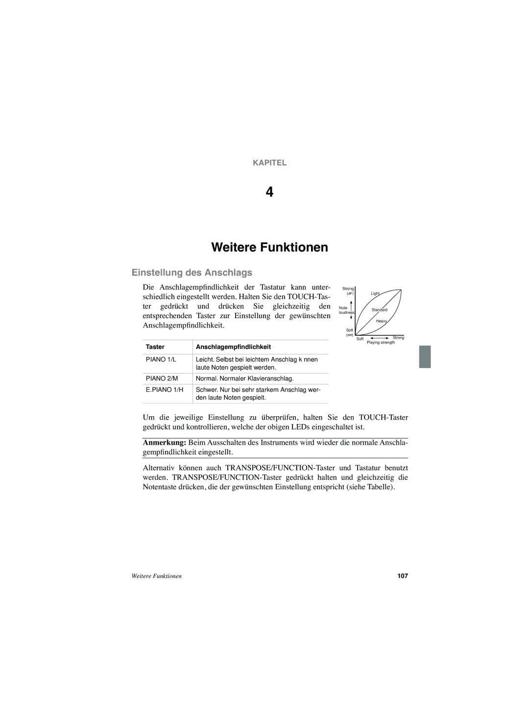 Korg SP-250 manual Weitere Funktionen, Einstellung des Anschlags, Taster Anschlagempﬁndlichkeit 