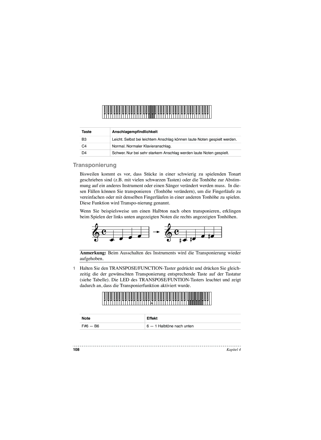 Korg SP-250 manual Transponierung, Taste Anschlagempﬁndlichkeit, Effekt 