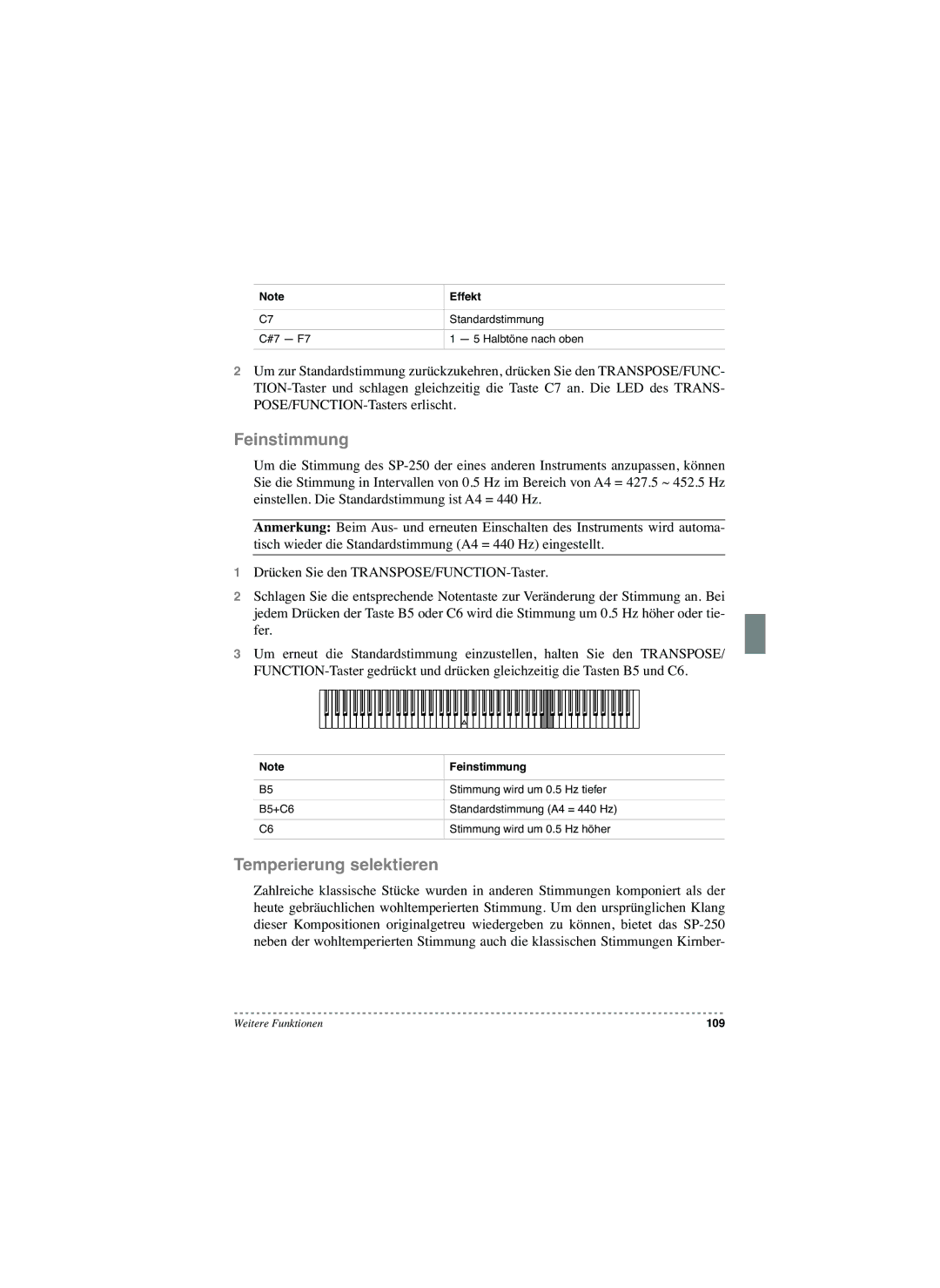 Korg SP-250 manual Feinstimmung, Temperierung selektieren 