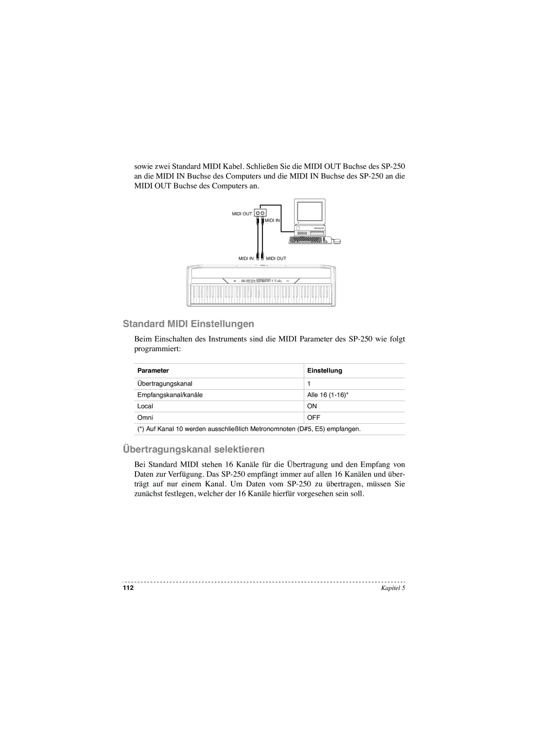 Korg SP-250 manual Standard Midi Einstellungen, Übertragungskanal selektieren, Parameter Einstellung 