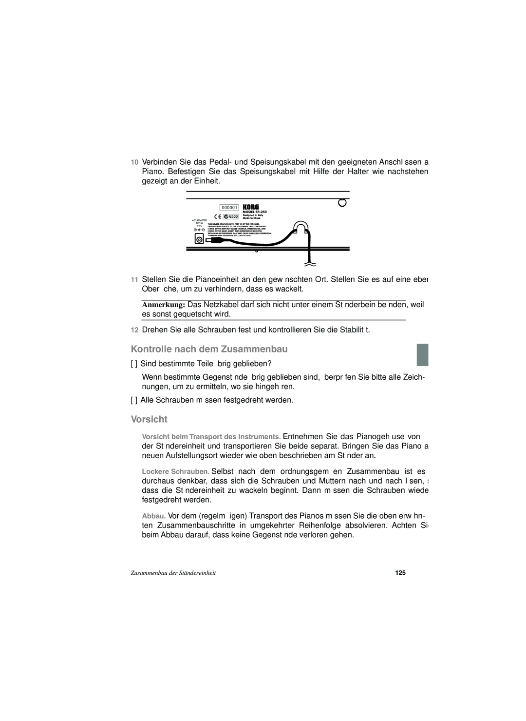 Korg SP-250 manual Kontrolle nach dem Zusammenbau, Vorsicht 