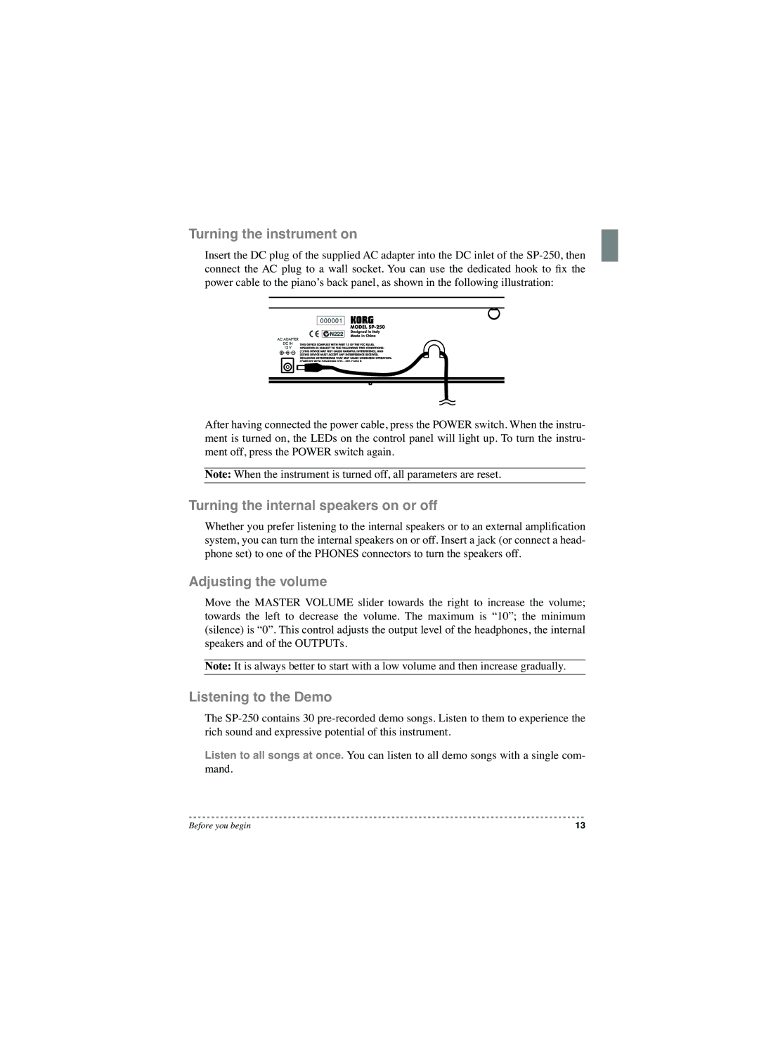 Korg SP-250 manual Turning the instrument on, Turning the internal speakers on or off, Adjusting the volume 