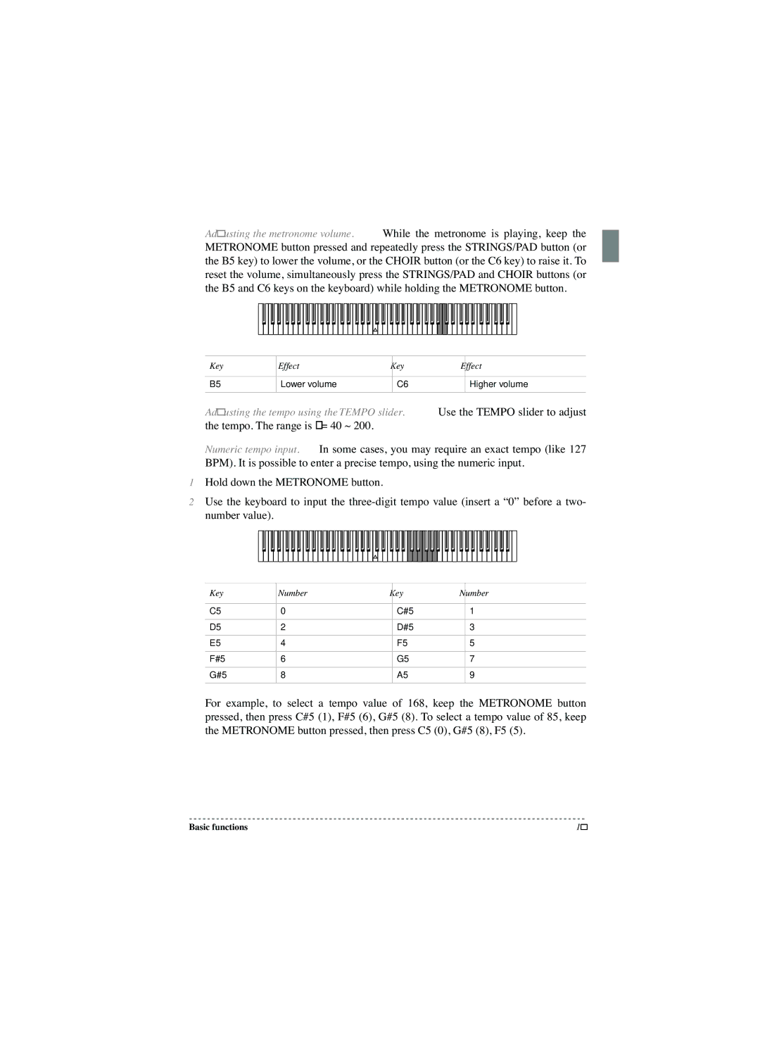 Korg SP-250 manual Key Effect Lower volume Higher volume, Key Number 