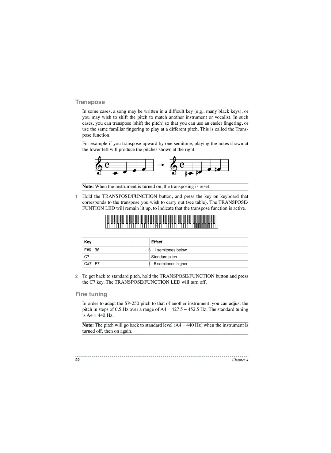 Korg SP-250 manual Transpose, Fine tuning, Key Effect 