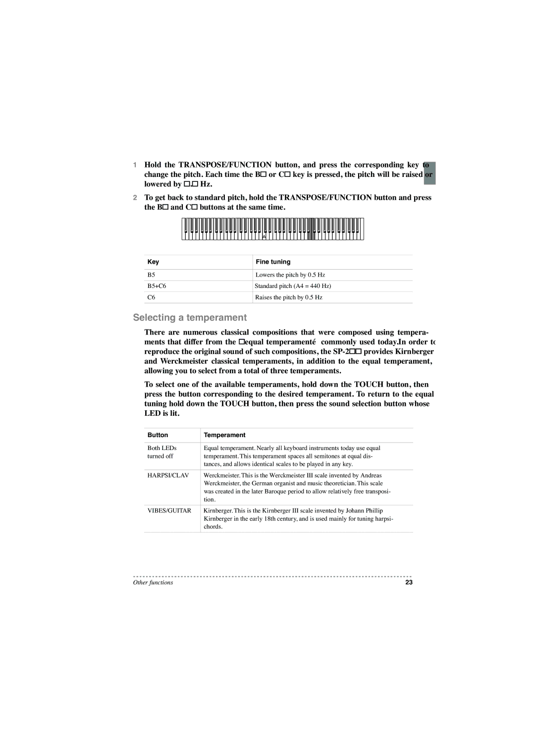 Korg SP-250 manual Selecting a temperament, Key, Fine tuning, Button Temperament 