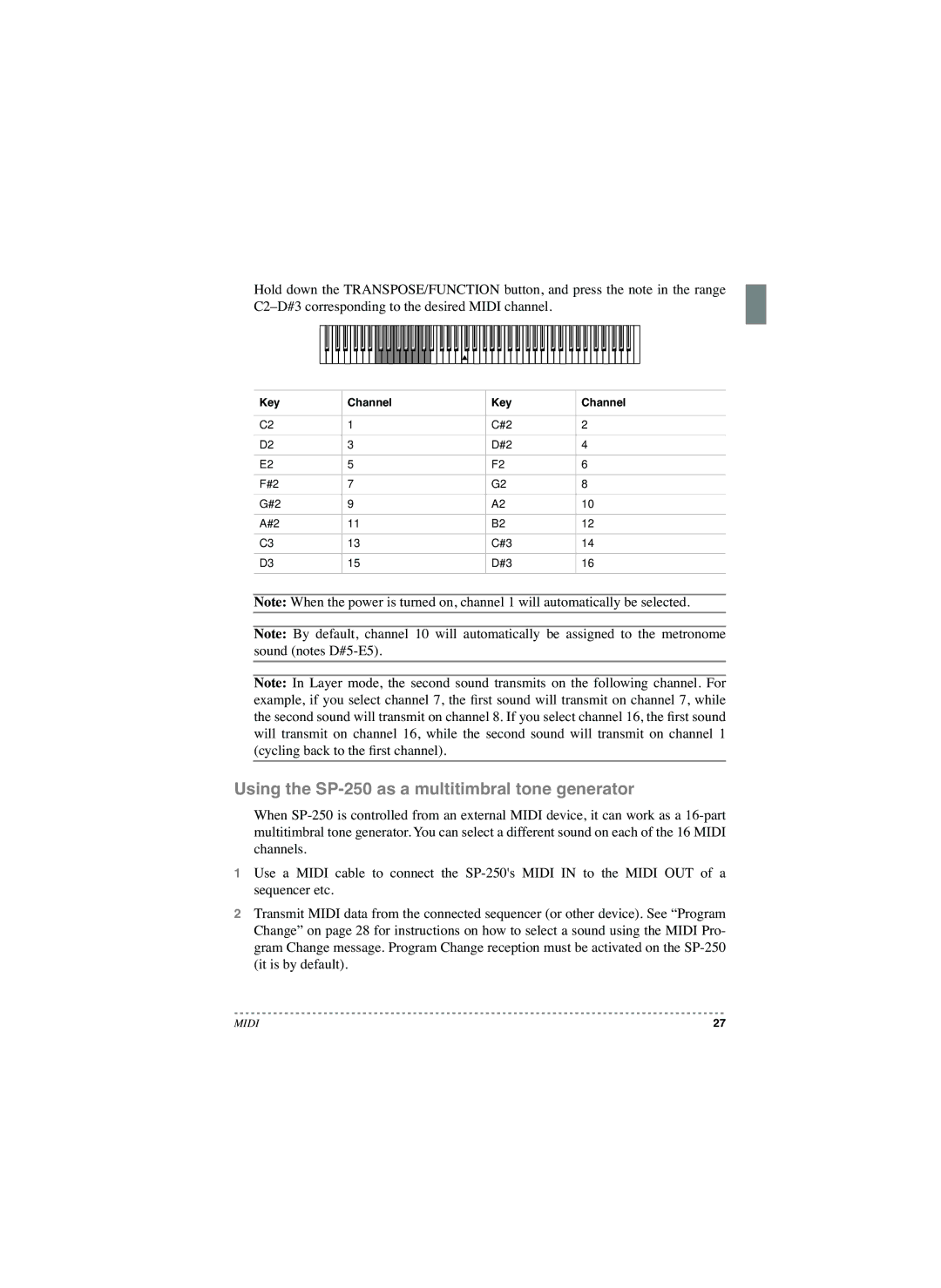 Korg manual Using the SP-250 as a multitimbral tone generator, Key Channel 