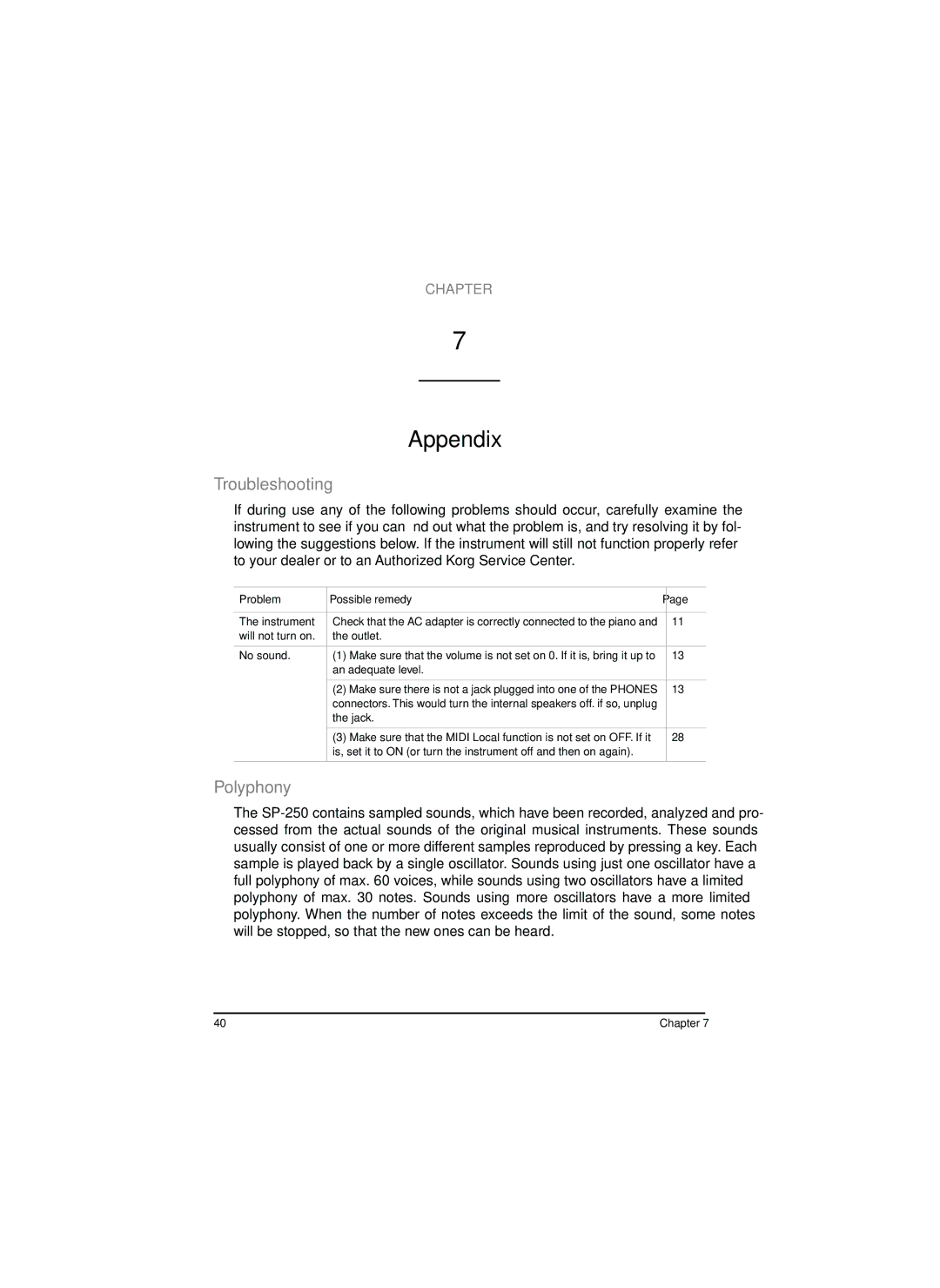 Korg SP-250 manual Appendix, Troubleshooting, Polyphony, Problem Possible remedy 