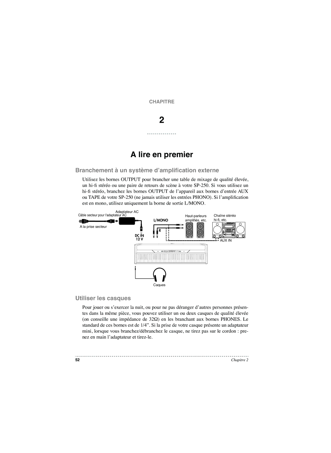 Korg SP-250 manual Lire en premier, Branchement à un système d’ampliﬁcation externe, Utiliser les casques 