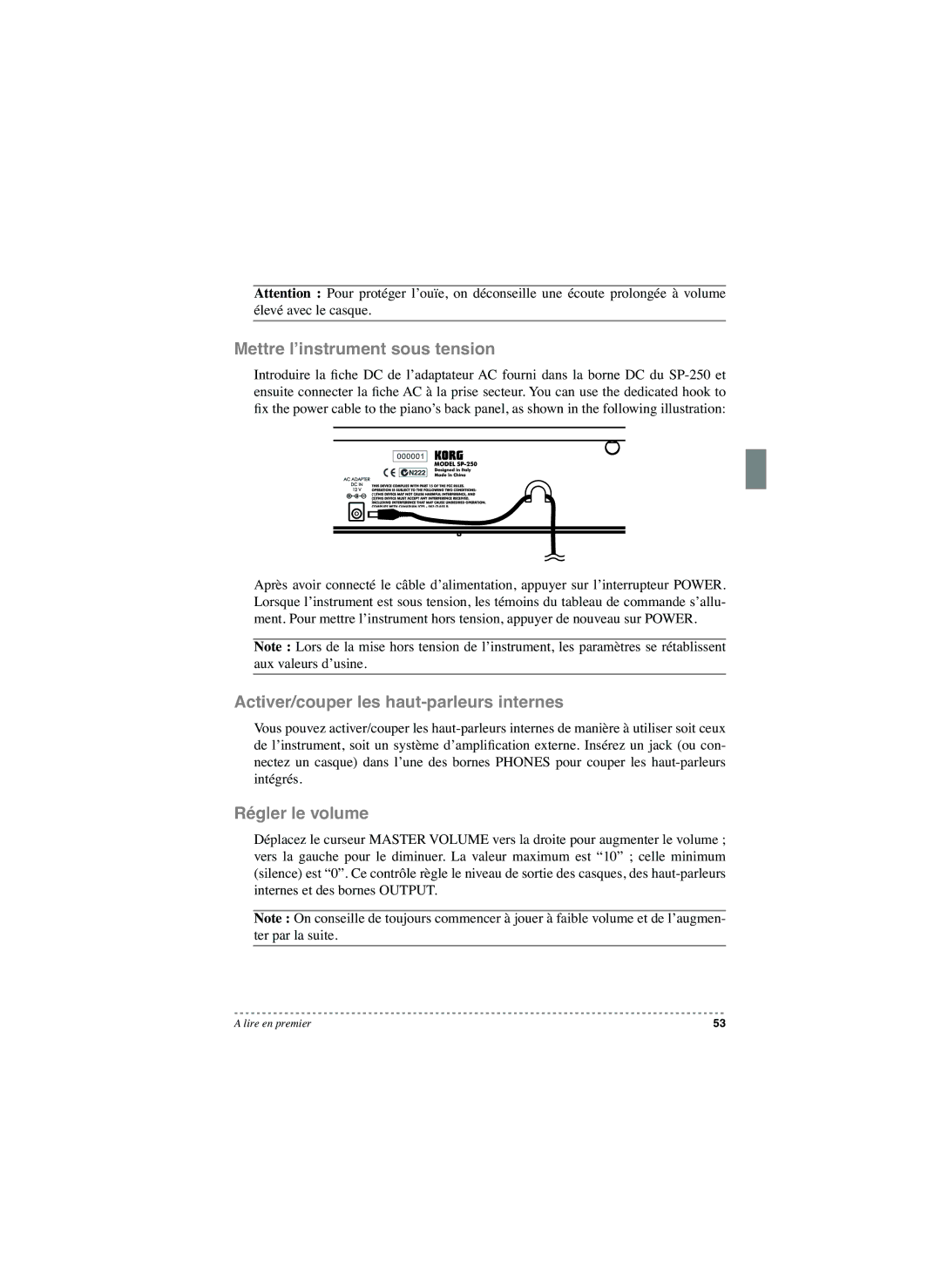 Korg SP-250 manual Mettre l’instrument sous tension, Activer/couper les haut-parleurs internes, Régler le volume 