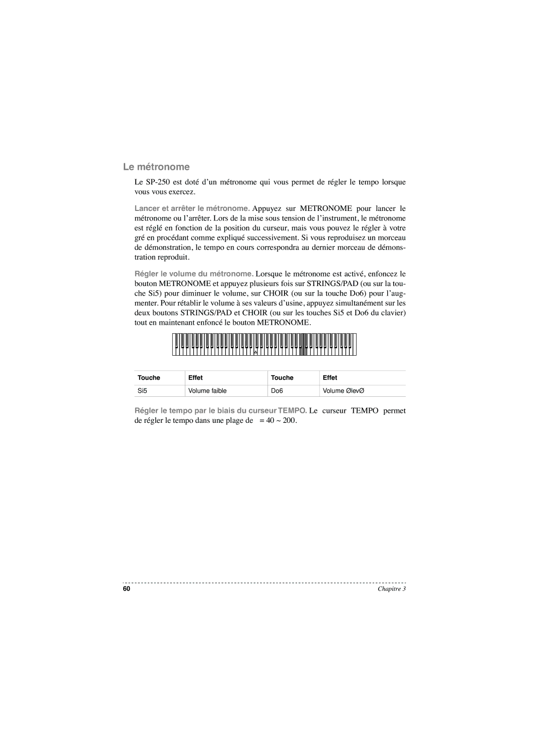 Korg SP-250 manual Le métronome, Touche Effet Si5 Volume faible Do6 Volume élevé 