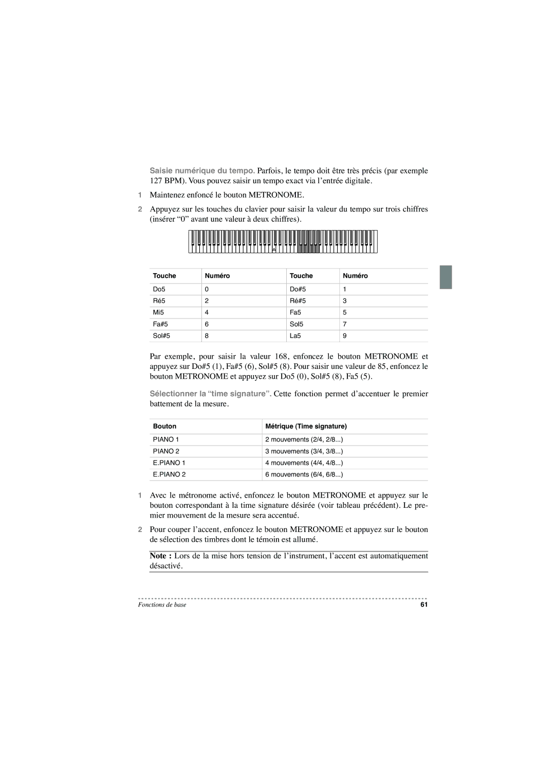 Korg SP-250 manual Touche Numéro, Bouton Métrique Time signature 