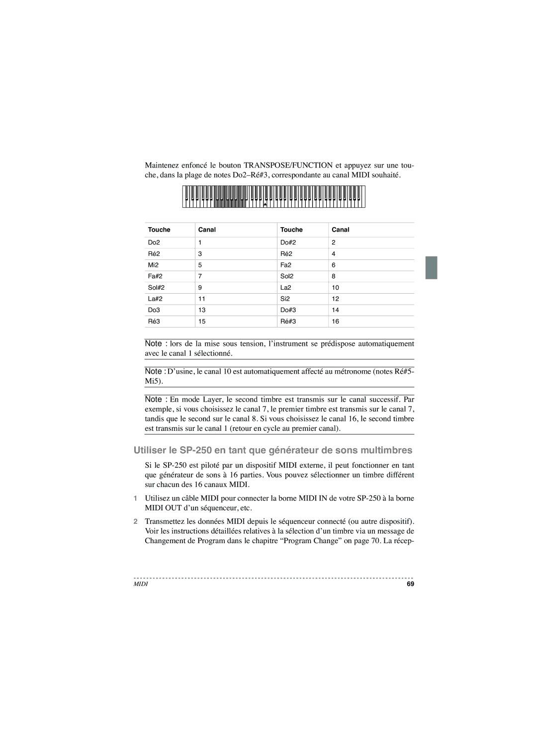 Korg manual Utiliser le SP-250 en tant que générateur de sons multimbres, Touche Canal 