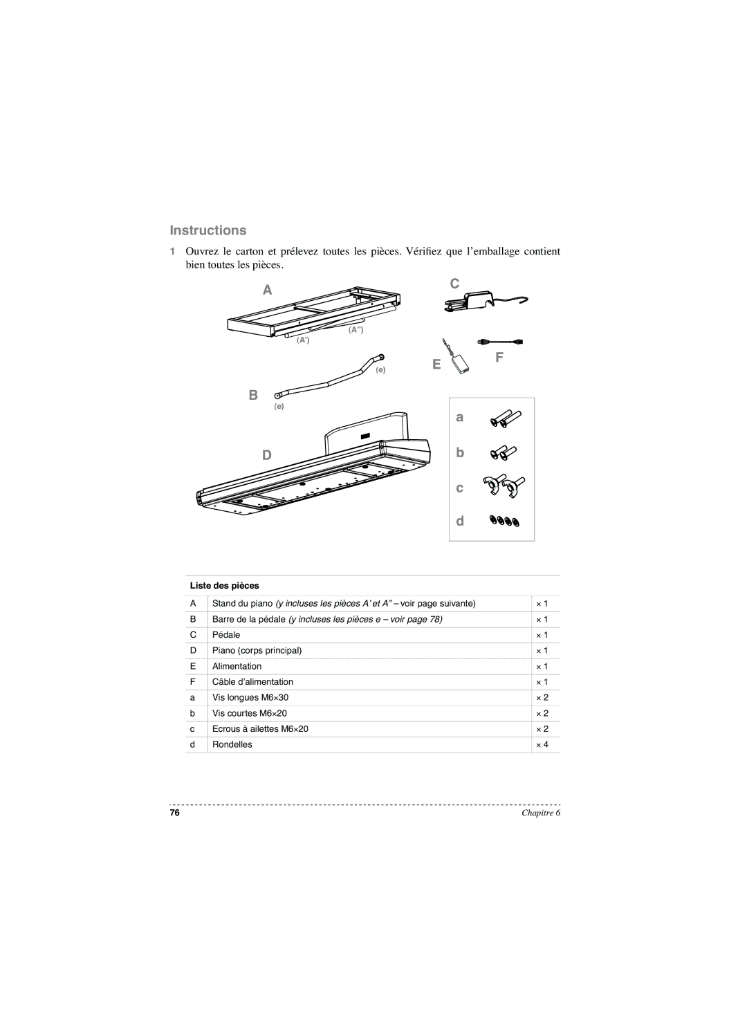 Korg SP-250 manual Instructions, Liste des pièces 