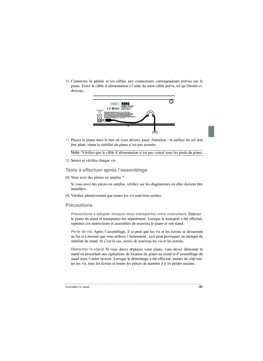 Korg SP-250 manual Tests à effectuer après l’assemblage, Précautions 